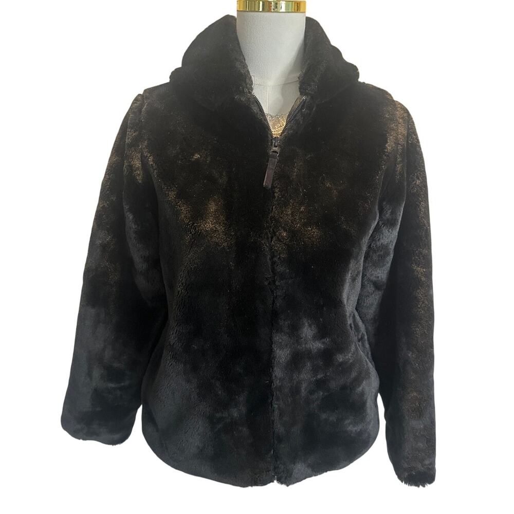Old Navy Girls Black Faux Fur Hooded Jacket Zip Front Pockets Size 14